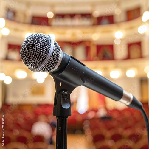 Close-up view of a microphone set against the blurred background of a theater auditorium