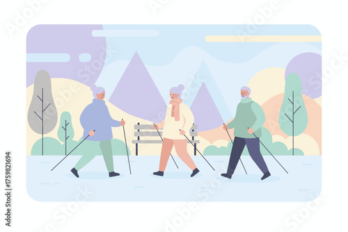 Three active seniors enjoy Nordic walking in a park promoting health and wellness