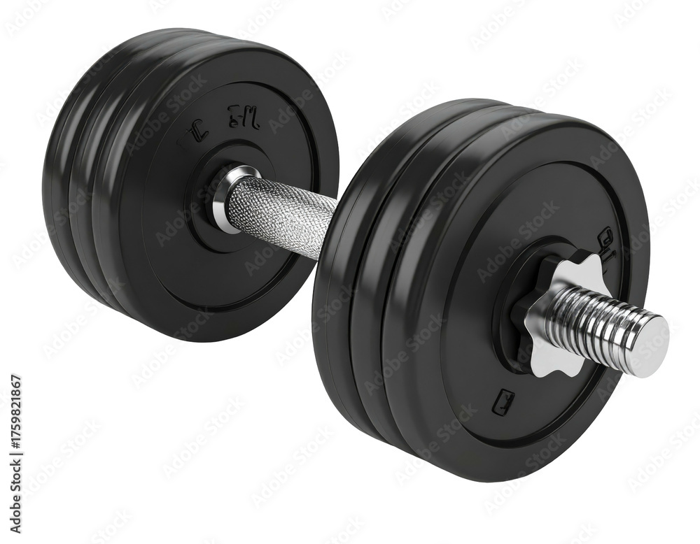 Naklejka premium Sleek black adjustable dumbbell lies centered, isolated on black. Weights stack