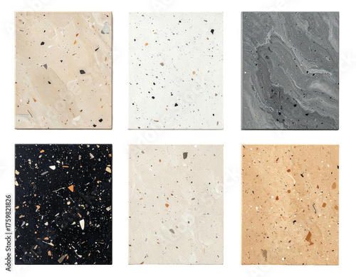 Six close-up shots of countertop materials with varied colors and speckle patterns