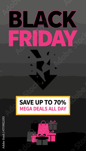 Black Friday sale graphic with savings message shopping bags and gift boxes for promotional use