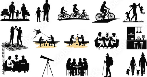 Family silhouettes collection, parents children leisure activities outdoor fun lifestyle icons, togetherness recreation scenes, domestic life symbols, cad drawing flat vector illustration