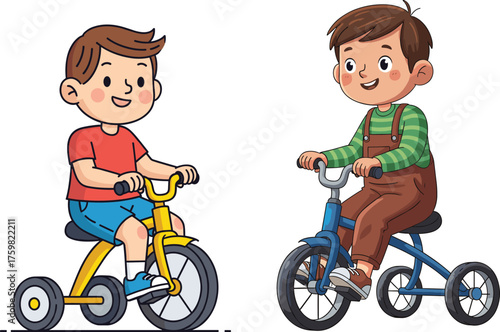 Cartoon children riding tricycles, outdoor play activity, happy kids on colorful bikes, preschool fun, childhood motion, vector illustration for education, recreation
