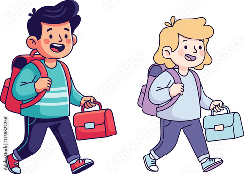 Cartoon children walking with backpacks and school bags, cheerful expressions, daily school routine, colorful outfits, educational theme, kids illustration, morning activity