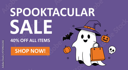 Spooktacular Halloween sale banner with a cute ghost witch hat shopping bag pumpkins and skull Perfect for seasonal discounts and promotions