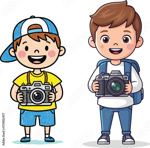Cartoon children with cameras, playful photography moment, smiling kids in colorful outfits, school trip vibe, creative activity, cheerful pose, outdoor fun scene