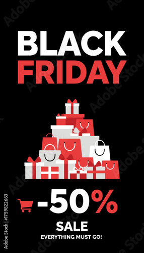 Black Friday sale banner with shopping bags gift boxes and 50 discount for promotions