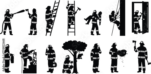 Firefighter silhouettes collection, rescue operations fire hose ladder axe medical aid animal rescue emergency response icons, cad drawing flat vector illustration