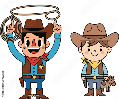 Cartoon cowboys with lasso and toy horse, western outfit, smiling children characters, playful pose, sheriff badge, kids illustration, wild west theme