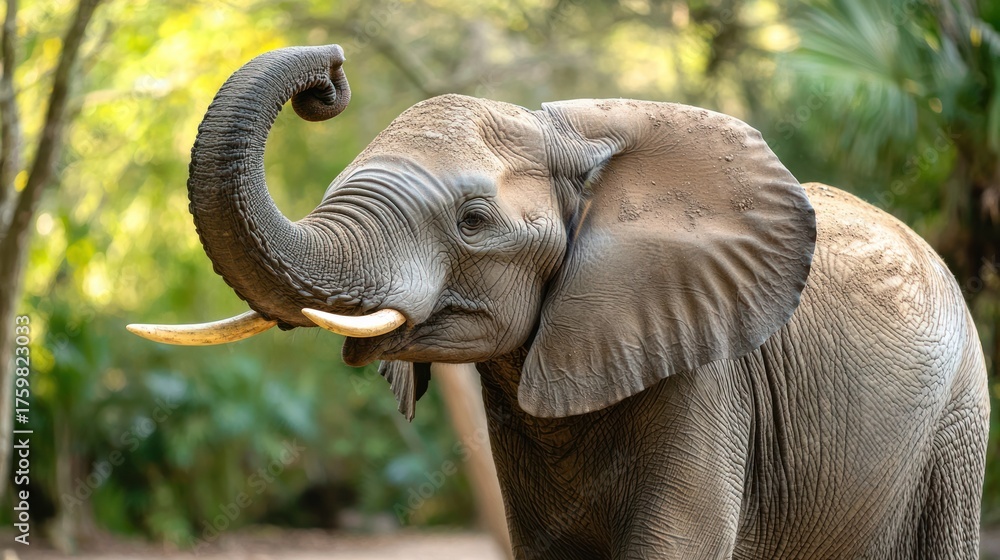 Obraz premium A majestic elephant with a curled trunk and large ears, standing in a lush green forest with a blurred background.