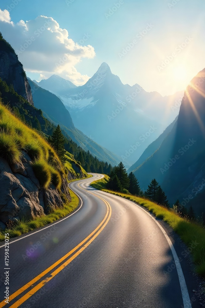 Naklejka premium A scenic view of a mountain pass, sunlight illuminating the winding road ahead, leading towards distant peaks , expedition, asphalt, car