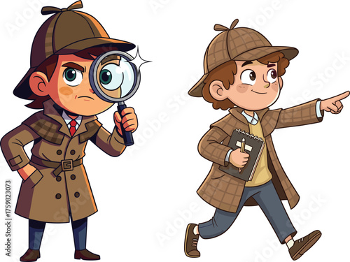 Cartoon detectives in trench coats and hats, magnifying glass and notebook, investigation theme, playful character design, mystery concept, kids illustration, clue hunting