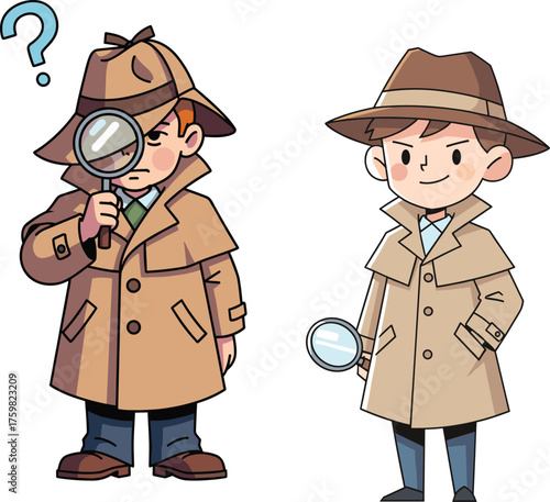 Cartoon detectives with magnifying glasses, trench coats and hats, investigation theme, mystery concept, playful character design, kids illustration, clue hunting, question mark