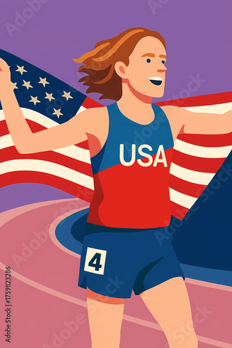 Flat style illustration of an American track athlete celebrating victory. Ideal for sports ads, motivation, and athletic-themed projects.