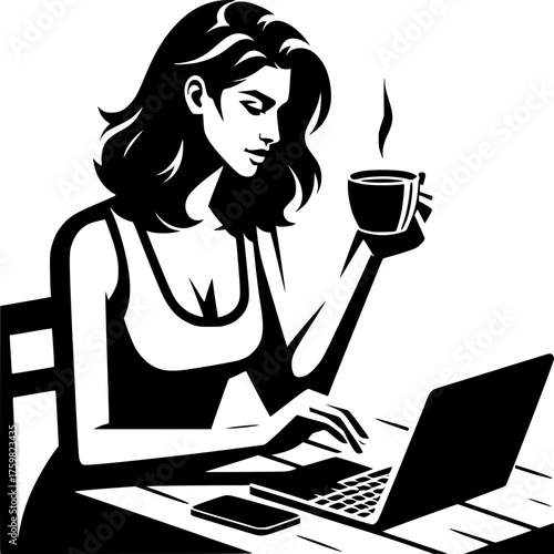 Digital Dawn: A woman, engrossed in her work with a laptop and a steaming cup of coffee, finds focus and inspiration in the quiet solitude of the early hours.