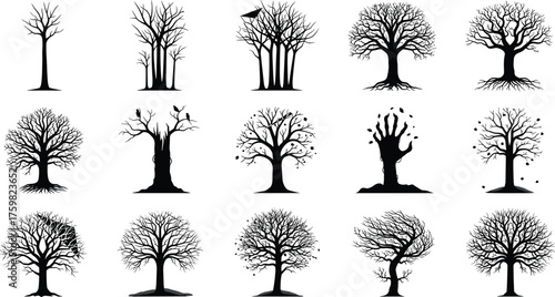 Leafless tree silhouettes collection, barren twisted trunks winter forest nature icons seasonal landscape elements artistic shapes, cad drawing flat vector illustration