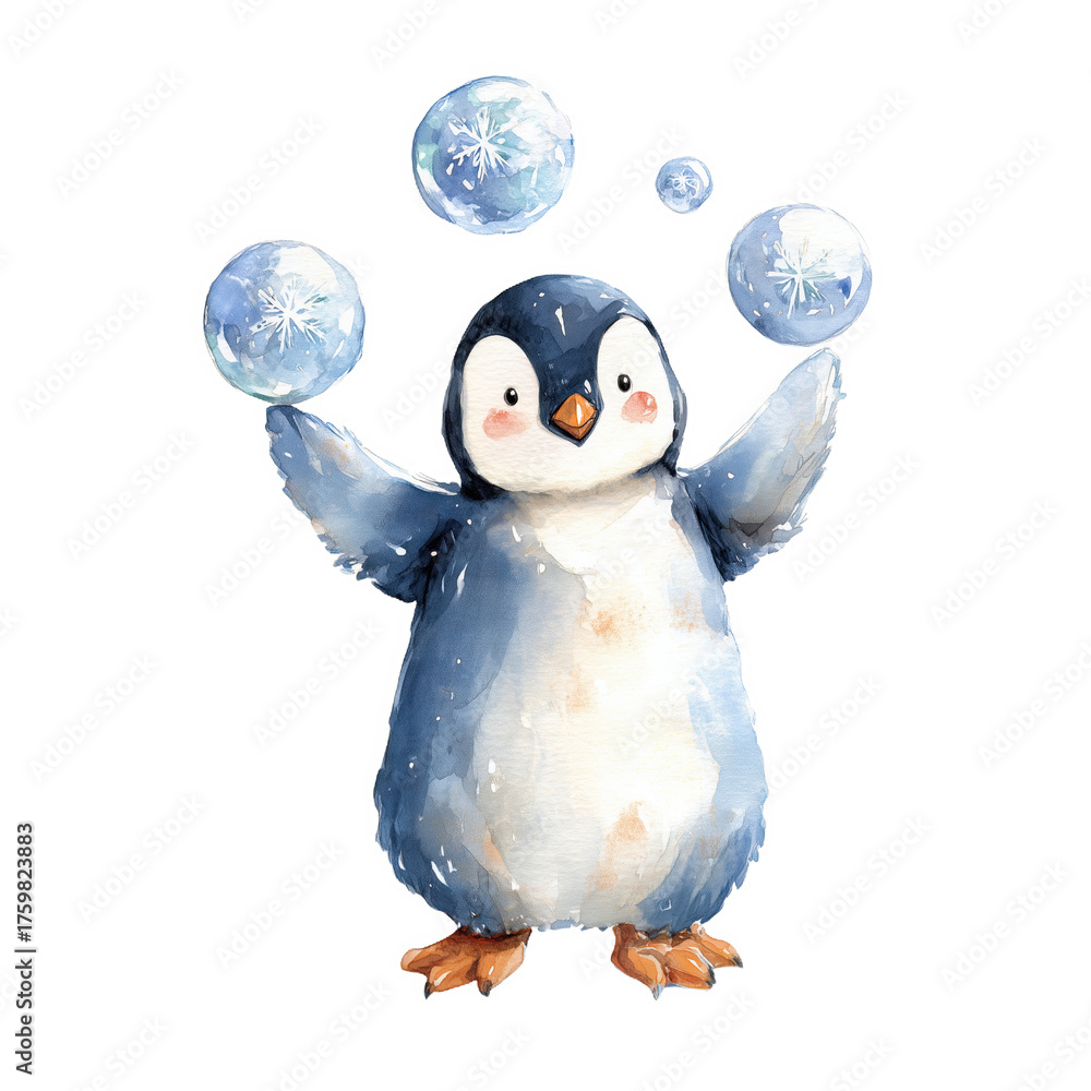Obraz premium Cute baby penguin juggling snowflakes in whimsical watercolor style during a playful winter scene