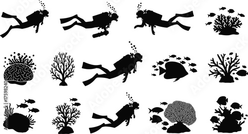 Scuba diver silhouettes, underwater coral reef fish marine life ocean exploration aquatic plants sea diving icons, cad drawing flat vector illustration