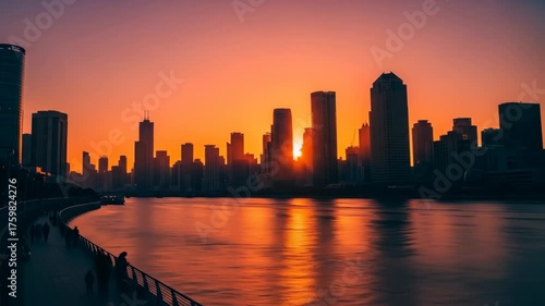 Wallpaper Mural A scenic urban waterfront at sunset, silhouettes of city buildings reflect on the shimmering water Torontodigital.ca