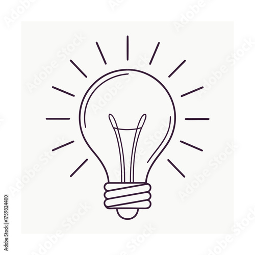 Outline illustration of a light bulb with radiating lines on a white background idea