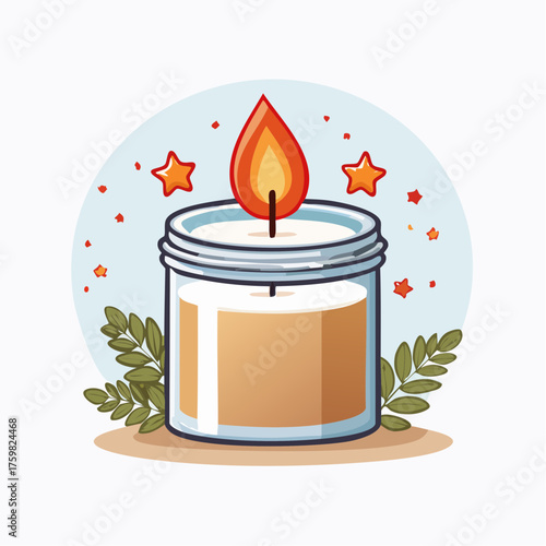 Lit Candle Illustration in a Glass Jar with Burning Flame Against Light Blue Background with Star Accents