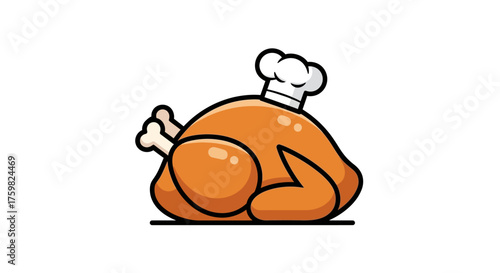 A charming flat design illustration of a roasted turkey wearing a chef's hat, perfect as a cheerful icon for Thanksgiving festivities. This clean, modern graphic is simple yet expressive.