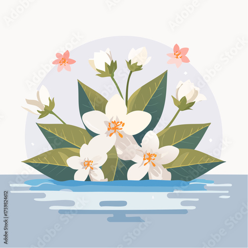 Pixelated White Floral Arrangement with Green Leaves and Pink Accents on Watery Backdrop