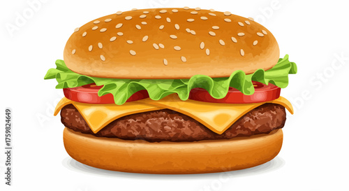 Illustration of a burger with sesame seed bun, lettuce, tomato, cheese and a beef patty inside