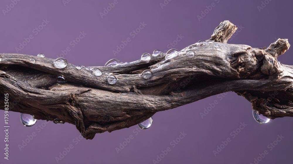 Fototapeta premium Glistening water droplets rest on textured deadwood against a purple backdrop.