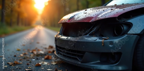 Close-up of a severely damaged car after a fatal accident, highlighting the extent of the destruction and the potential for deadly injury , death, wreckage