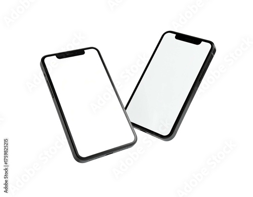 Two similar smartphones floating diagonally against a black background