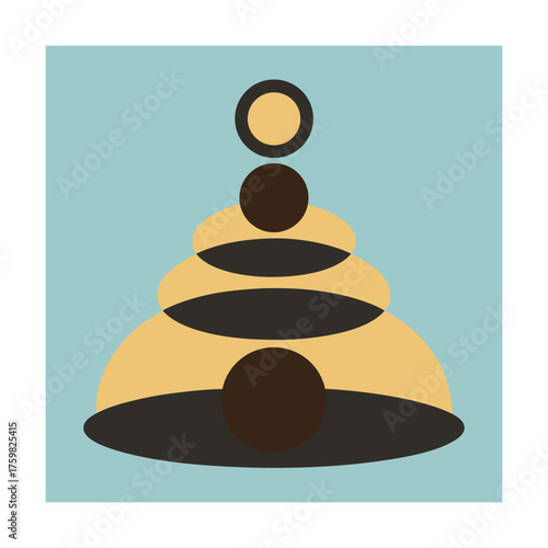 Stacked geometric shapes resembling a toy pyramid on a light blue background abstract