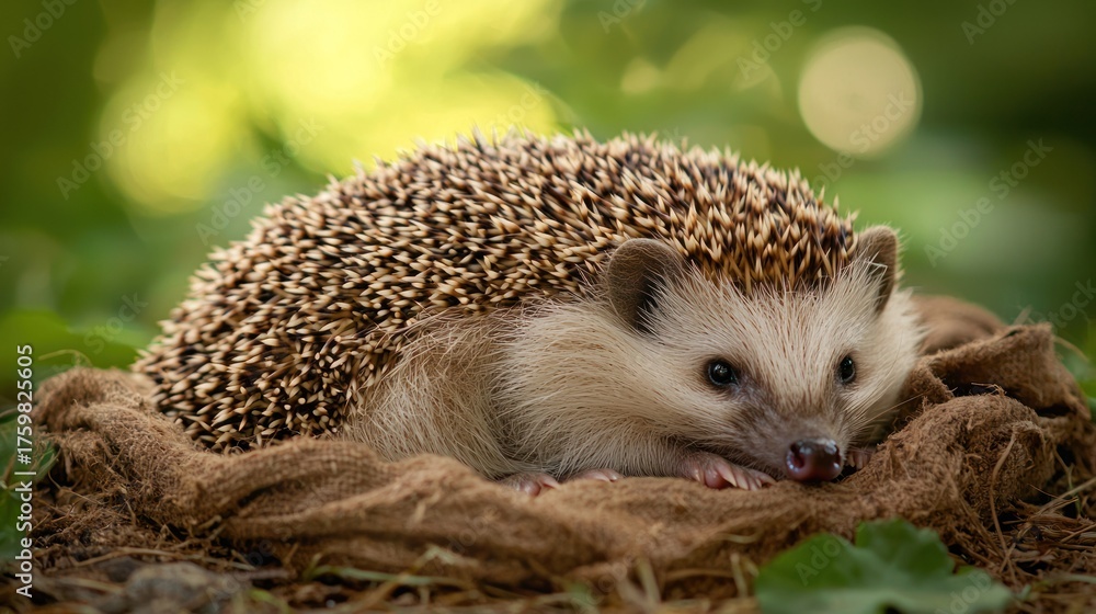 Fototapeta premium A hedgehog resting on a woven mat in a lush green garden.