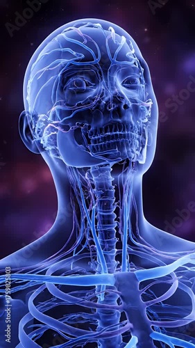 Human Vascular System Visualization with Blue Tones and a Dark, Nebulous Background Depicting Blood Vessels and Arteries for Medical Illustration and Anatomical Study with Detailed Vein Structure