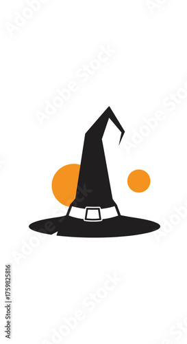 A spooky black witch hat with an orange brim and magical circles adorning it.