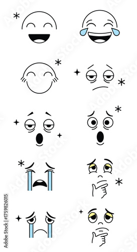 A diverse collection of expressive cartoon faces demonstrating various emotions and reactions.