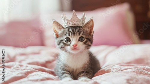 A cute kitten wearing a tiara on a pink bedspread.