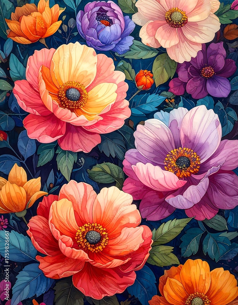 custom made wallpaper toronto digitalColorful digital illustration with vibrant floral blooms and deep blue background