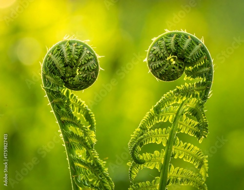Close-up of two unfurling fern fronds bathed in warm sunlight against a blurred green backdrop