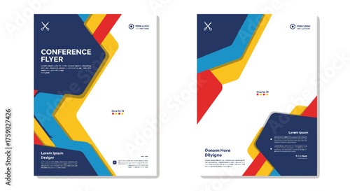 Modern Conference Flyer Design with Abstract Geometric Shapes and Vibrant Colors.