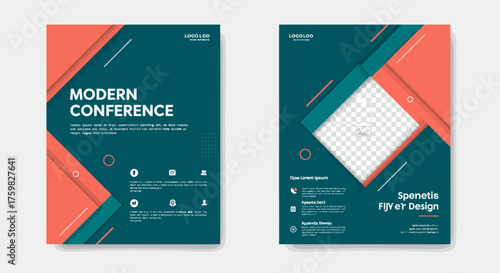 Modern Conference Flyer Design with Geometric Shapes and Teal Background.
