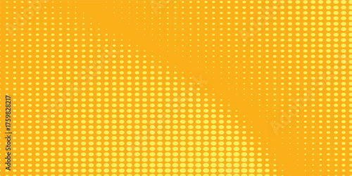 Yellow halftone pattern. Retro comic gradient background. Modern Bright orange pixelated dotted texture overlay. Cartoon pop art faded gradient pattern. Vector Eps 10