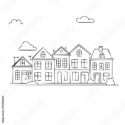 Houses outline panoramic landscape. Continuous one line buildings drawing silhouette.
