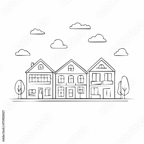 Houses outline panoramic landscape. Continuous one line buildings drawing silhouette.