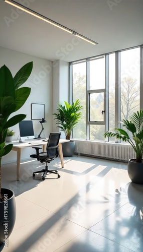 Modern minimalist office interior with sleek furniture and natural light streaming through large windows, creating a bright and productive workspace , building, contemporary