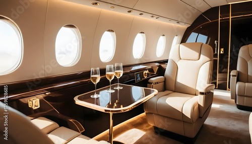 Luxurious Private Jet Interior: Champagne Glasses, Elegant Design, and Soft Lighting.