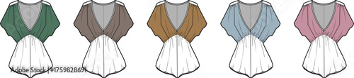 Elegant draped women's tops presented as detailed fashion design flats, showcasing a diverse palette of colors for versatile apparel creation and technical garment illustration