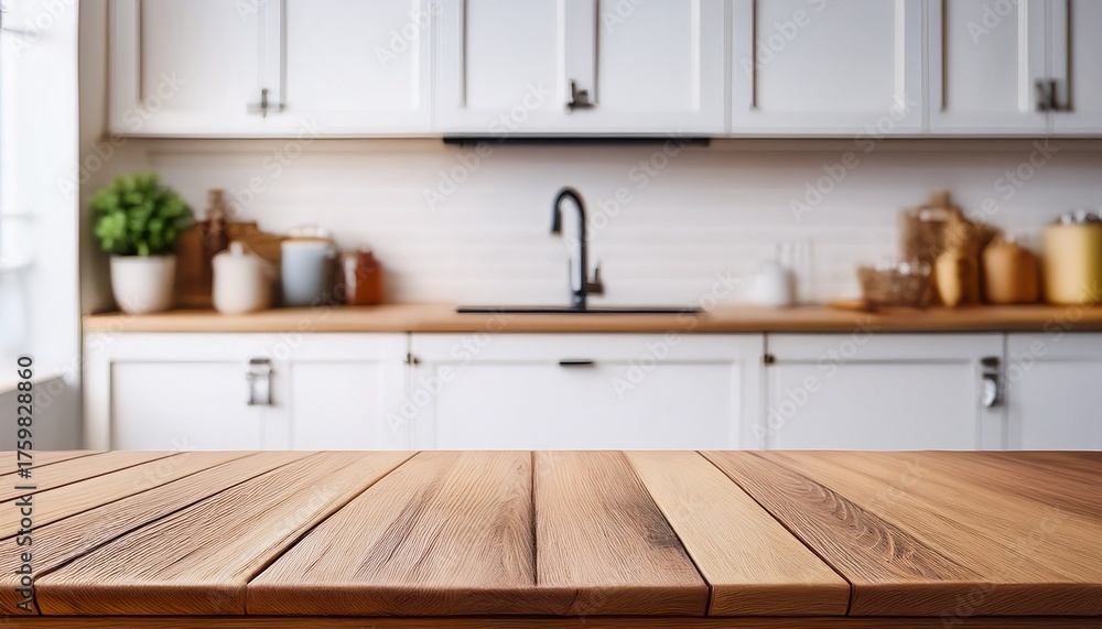 Fototapeta premium empty wooden table and blurred white kitchen white wall background wood table top on blur kitchen counter