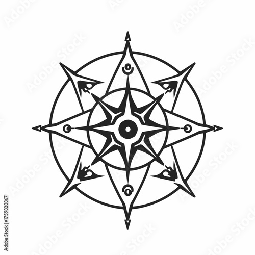 A stylized black and white compass rose with intricate geometric patterns and celestial motifs.