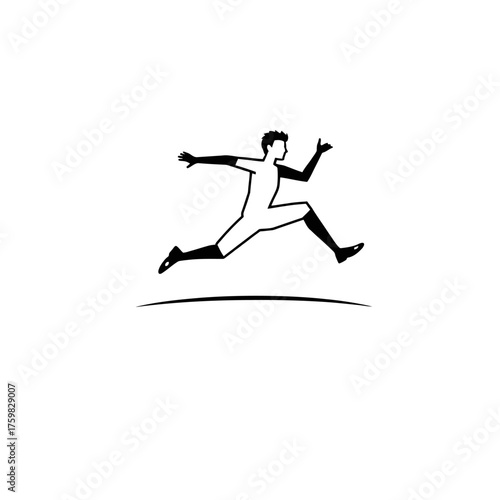 A minimalist black and white illustration of a person in mid-jump or running stride over a curved line, depicting motion and athleticism.